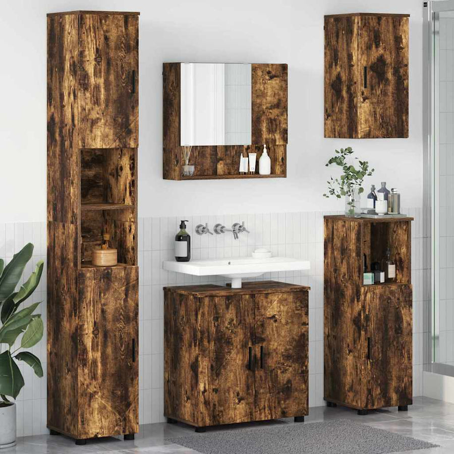 Badkamermeubelset 5 pcs Gerookt eiken Bewerkt hout & Metaal