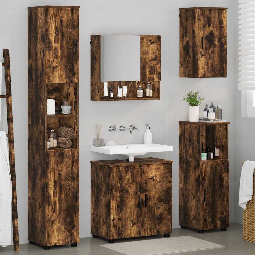 Badkamermeubelset 5 pcs Gerookt eiken Bewerkt hout & Metaal