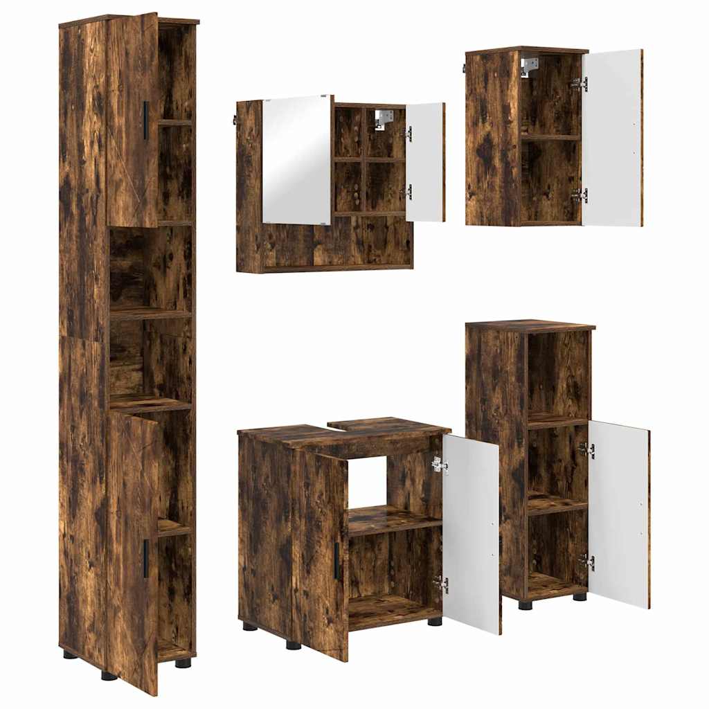 Badkamermeubelset 5 pcs Gerookt eiken Bewerkt hout & Metaal