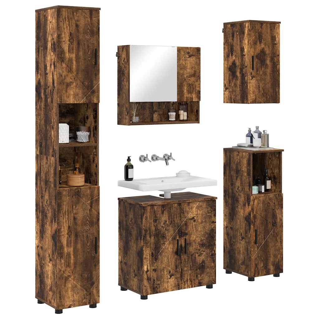 Badkamermeubelset 5 pcs Gerookt eiken Bewerkt hout & Metaal