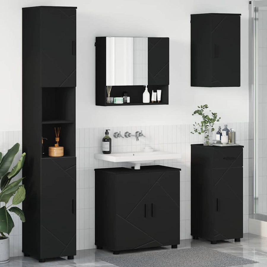 Badkamermeubelset met lade 5 pcs Zwart Bewerkt hout & Metaal