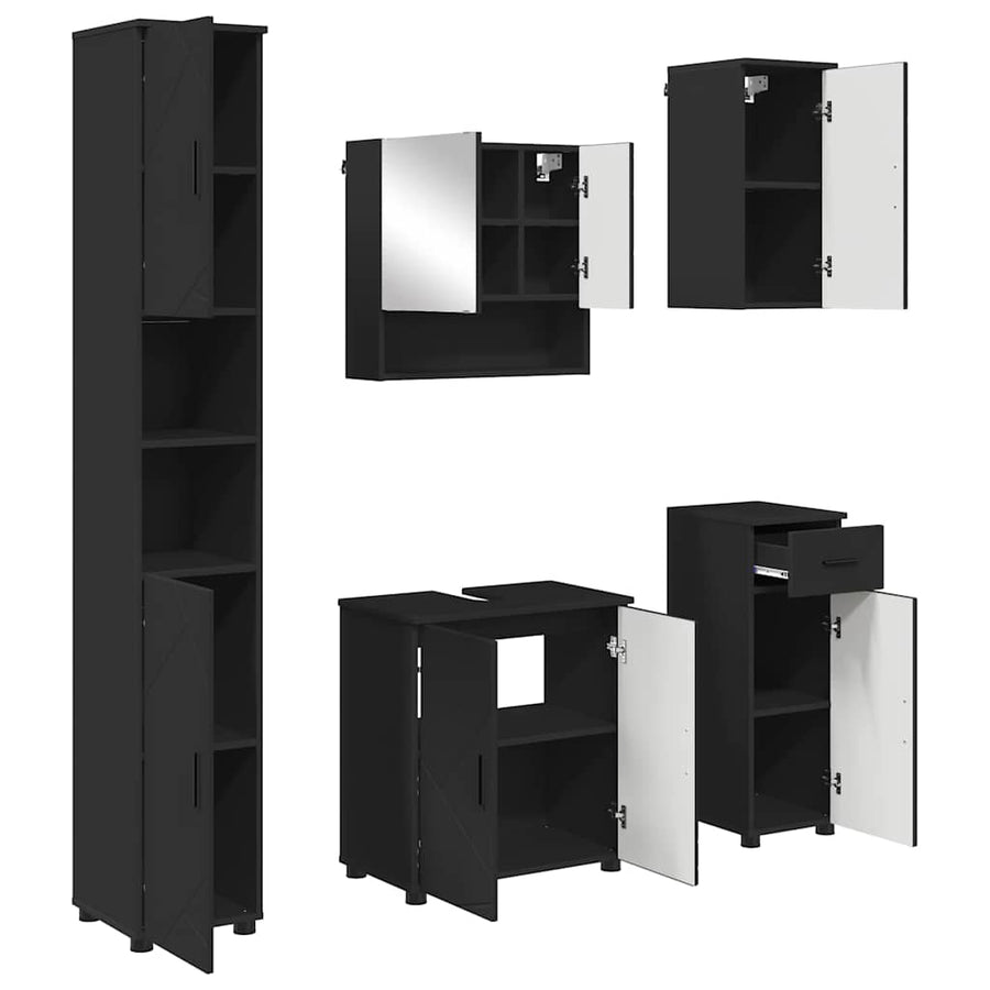 Badkamermeubelset met lade 5 pcs Zwart Bewerkt hout & Metaal