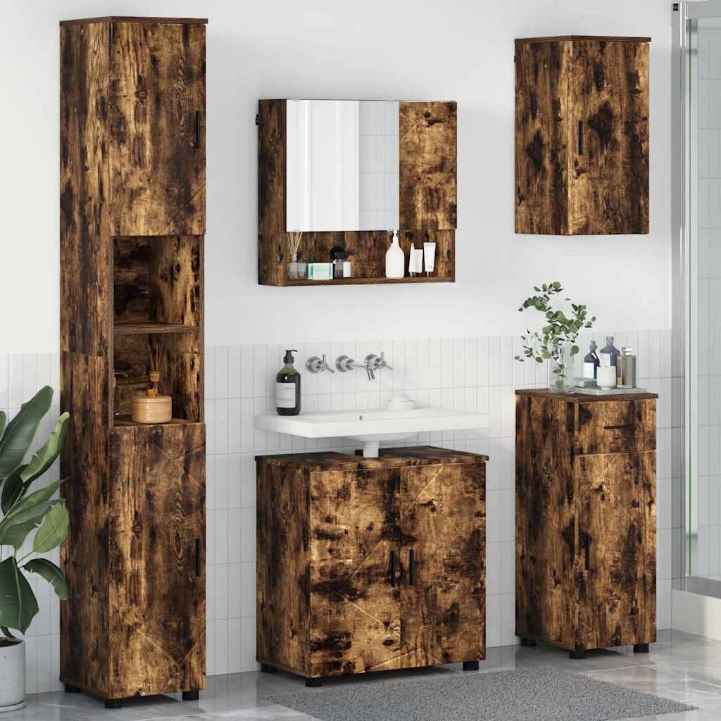 Badkamermeubelset 5 pcs Gerookt eiken Bewerkt hout & Metaal