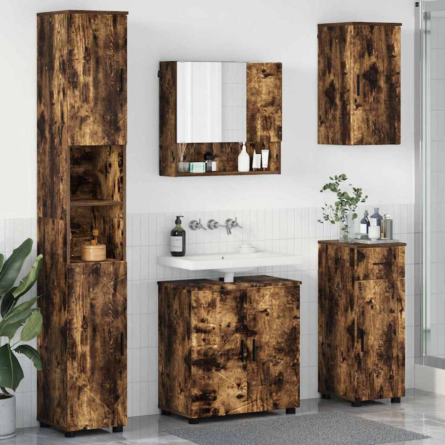 Badkamermeubelset 5 pcs Gerookt eiken Bewerkt hout & Metaal