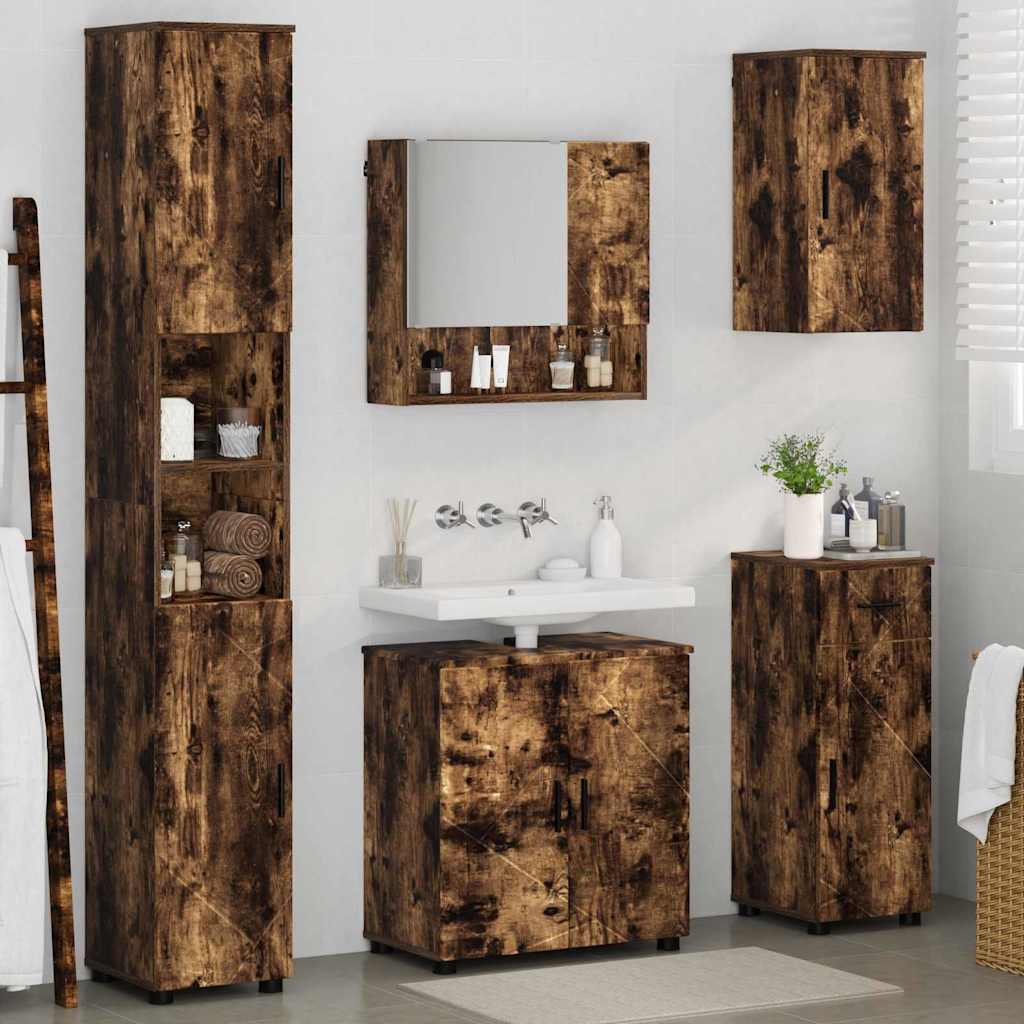 Badkamermeubelset 5 pcs Gerookt eiken Bewerkt hout & Metaal