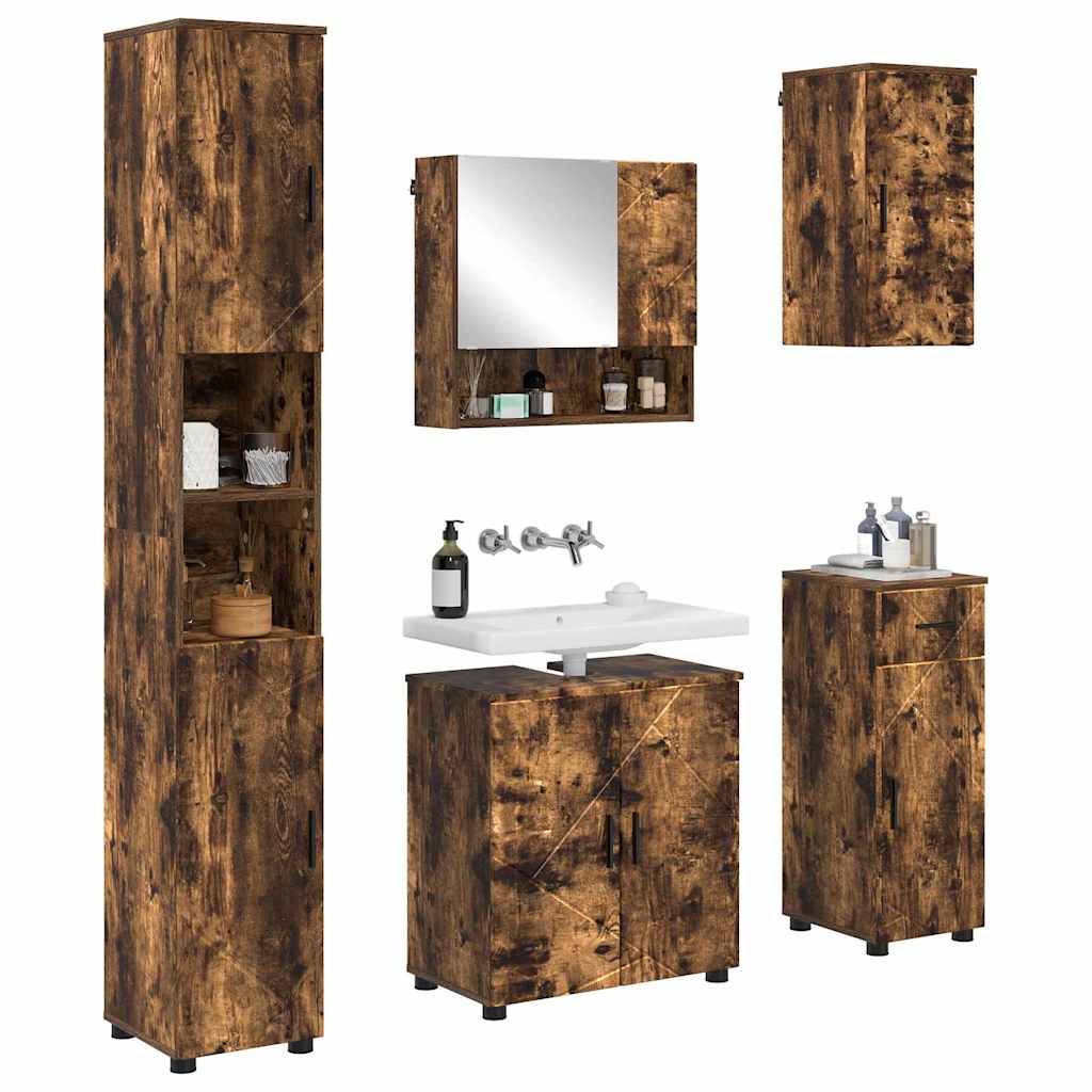 Badkamermeubelset 5 pcs Gerookt eiken Bewerkt hout & Metaal