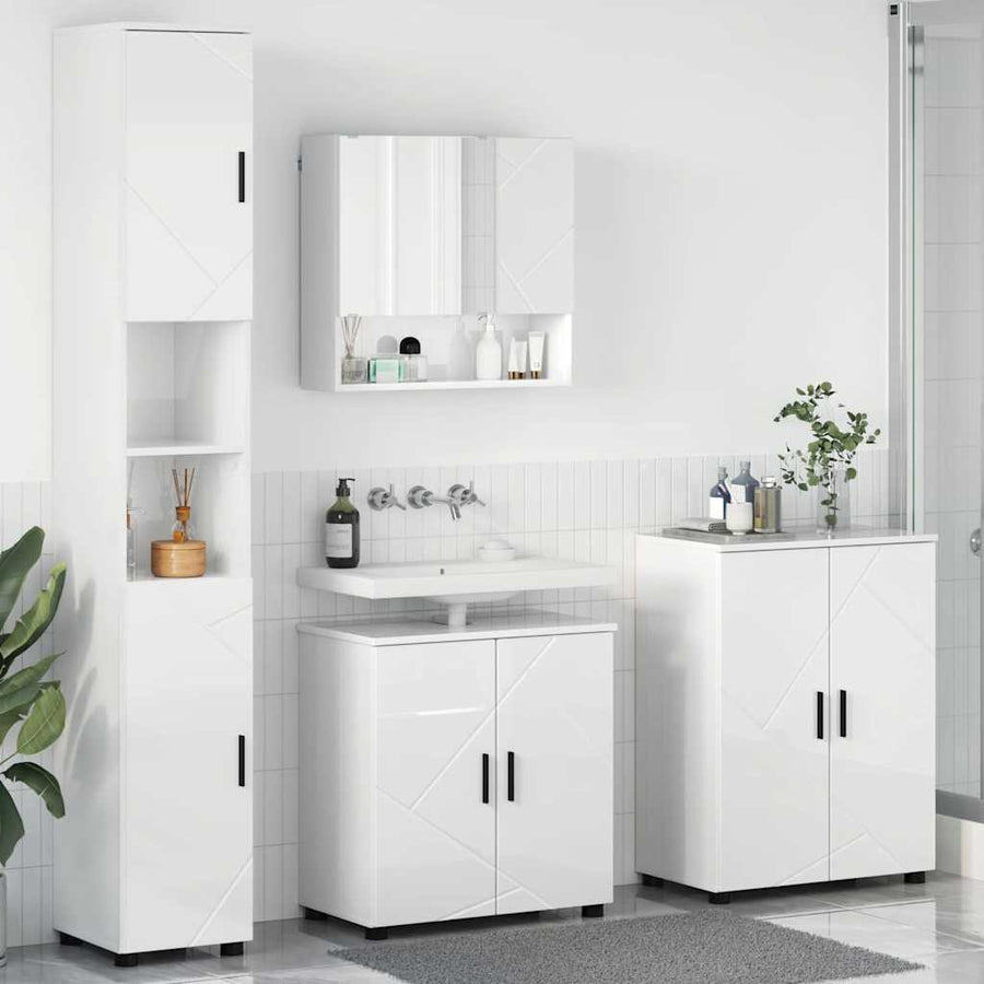 Badkamermeubelset 4 pcs Hoogglans wit Bewerkt hout & Metaal