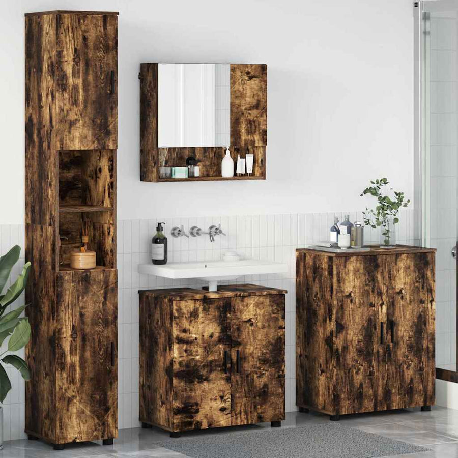 Badkamermeubelset 4 pcs Gerookt eiken Bewerkt hout & Metaal
