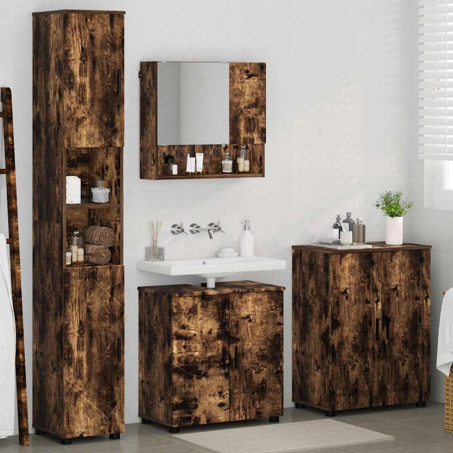 Badkamermeubelset 4 pcs Gerookt eiken Bewerkt hout & Metaal