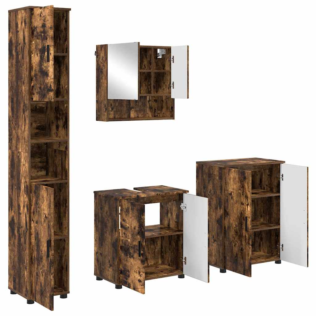 Badkamermeubelset 4 pcs Gerookt eiken Bewerkt hout & Metaal