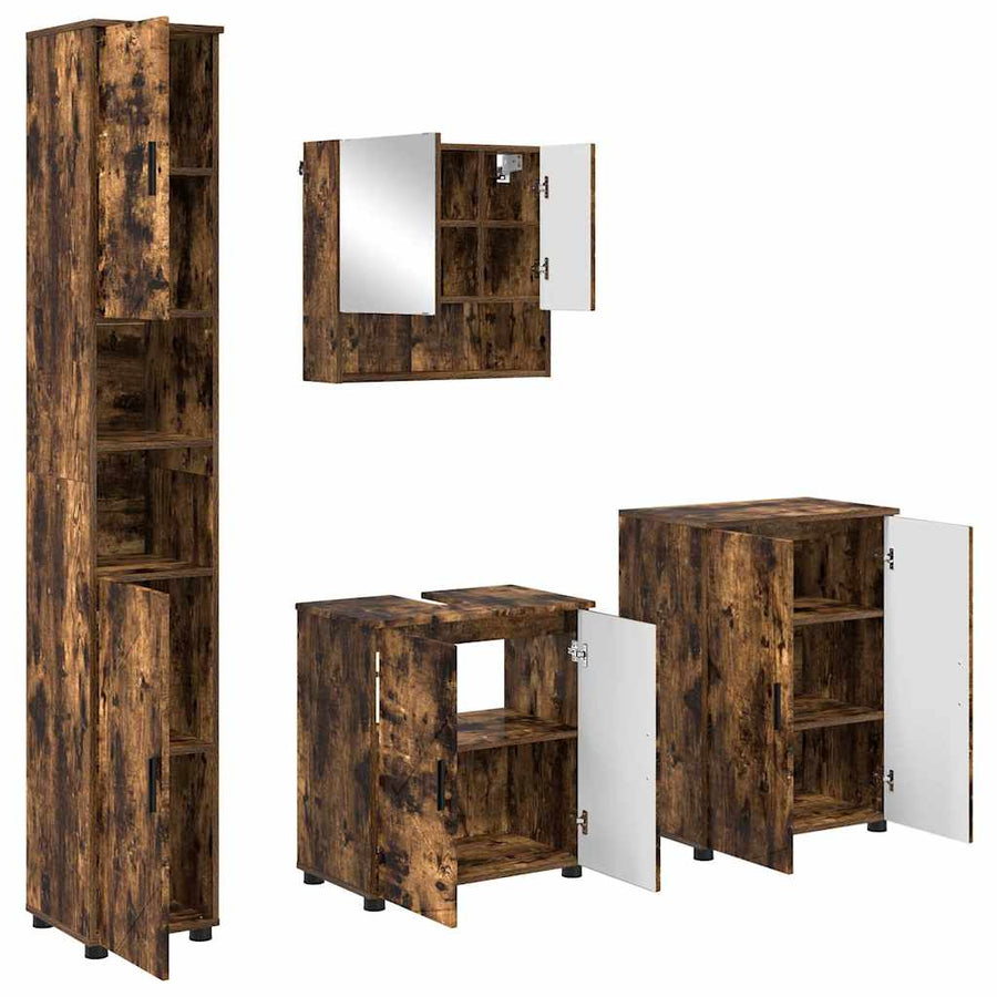 Badkamermeubelset 4 pcs Gerookt eiken Bewerkt hout & Metaal