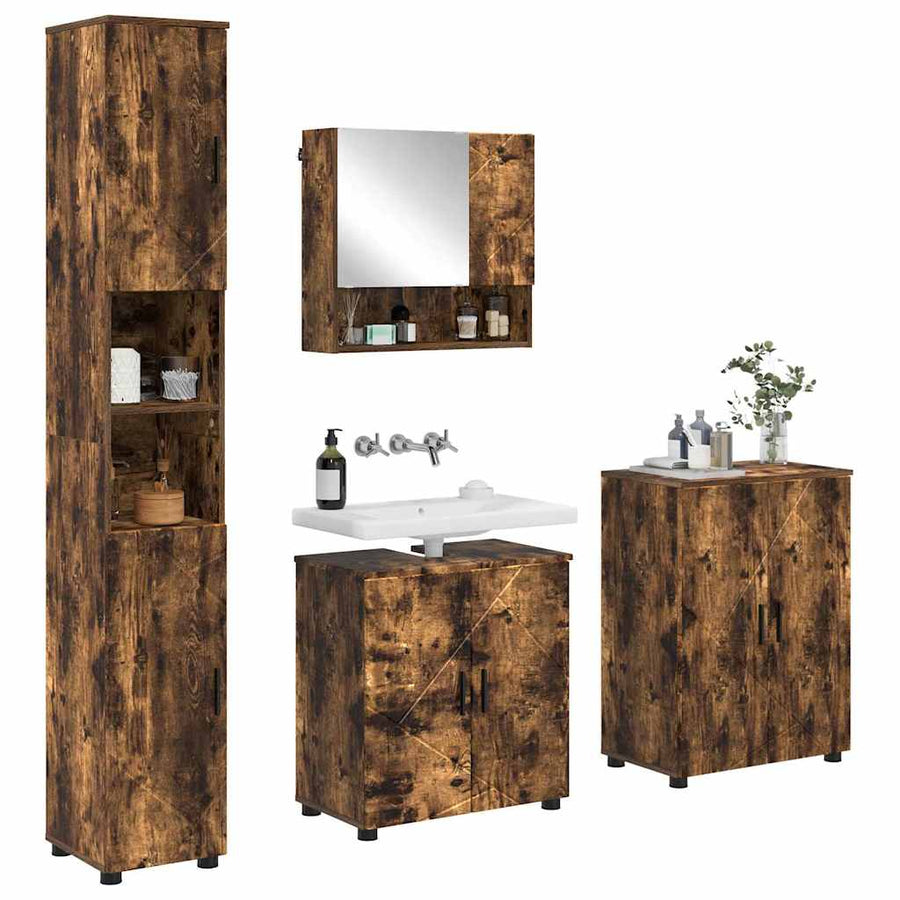 Badkamermeubelset 4 pcs Gerookt eiken Bewerkt hout & Metaal