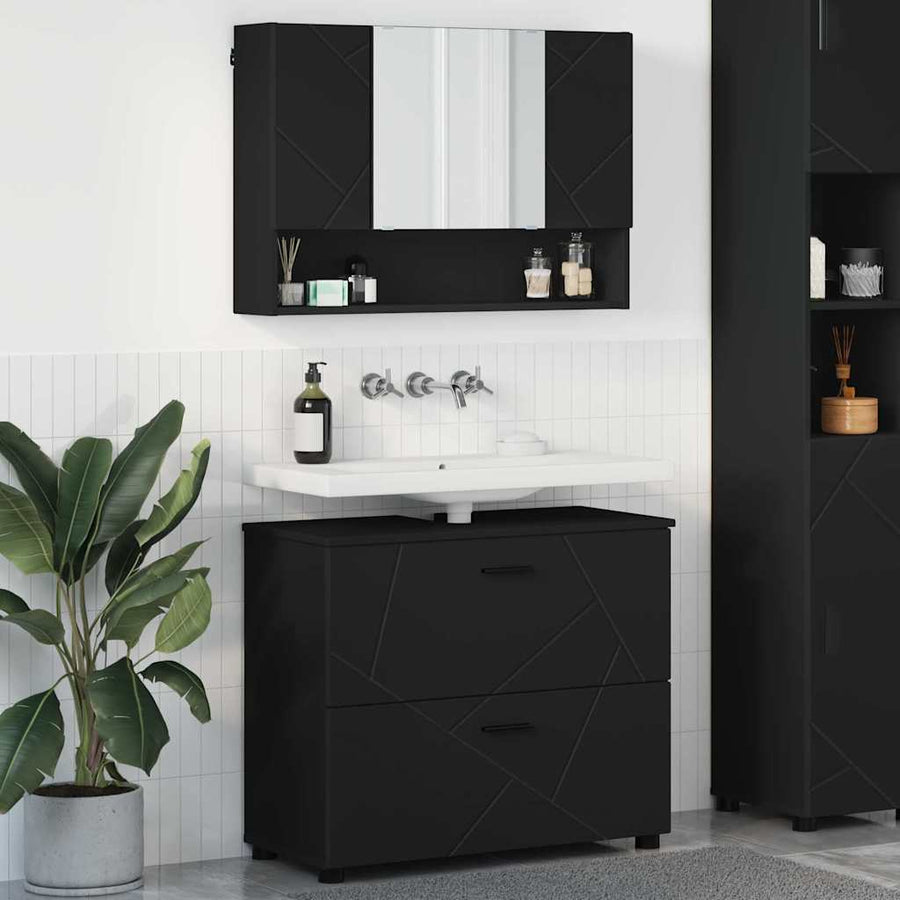 Badkamermeubelset met lade 2 pcs Zwart Geperst Hout en Metaal