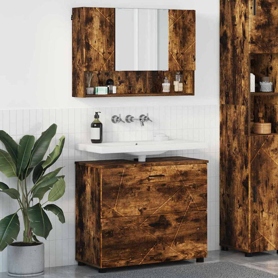 Badkamermeubelset 2 pcs Gerookt eiken Geperst Hout en Metaal