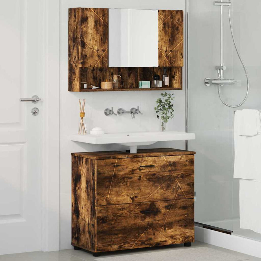 Badkamermeubelset 2 pcs Gerookt eiken Geperst Hout en Metaal