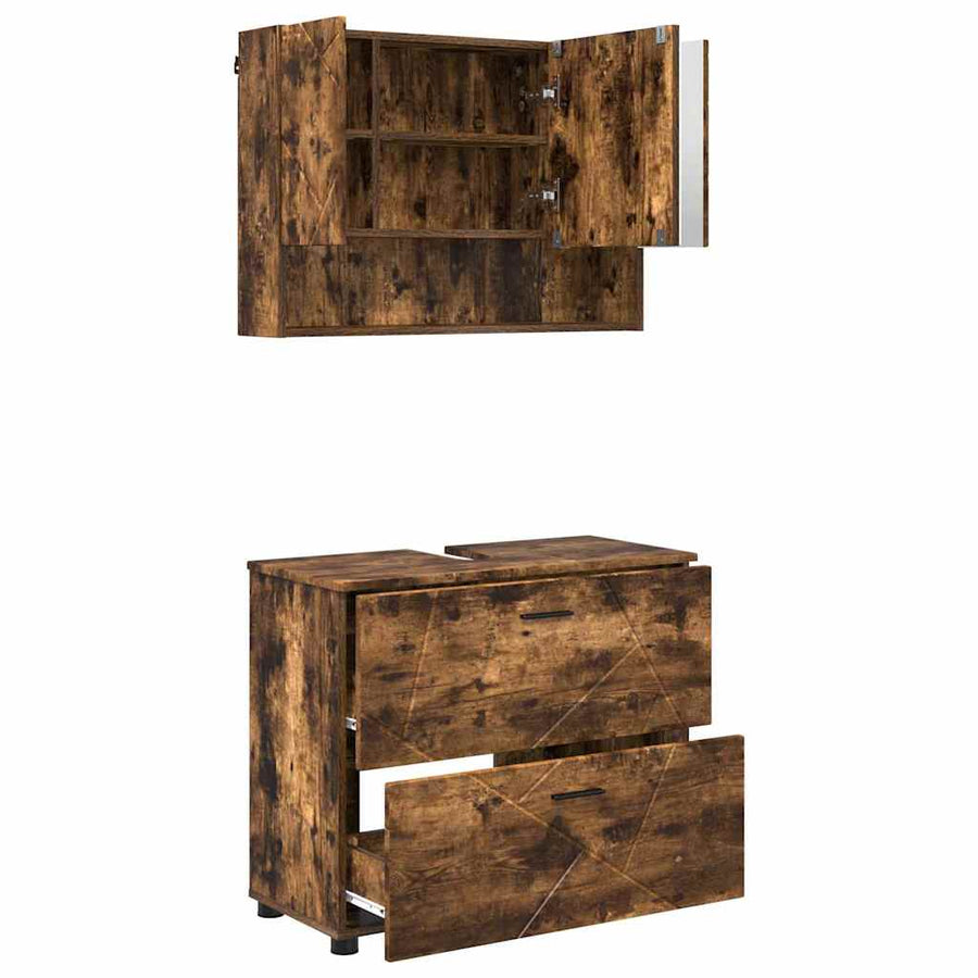 Badkamermeubelset 2 pcs Gerookt eiken Geperst Hout en Metaal