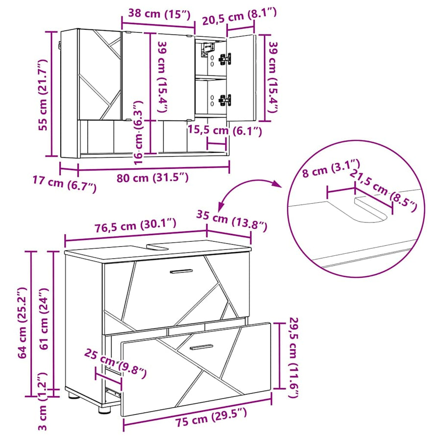 Badkamermeubelset 2 pcs Grijs Sonoma Geperst Hout en Metaal