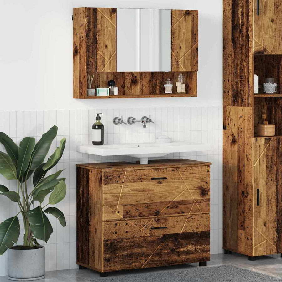 Badkamermeubelset 2 pcs Oud Hout Geperst Hout en Metaal
