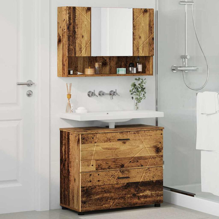 Badkamermeubelset 2 pcs Oud Hout Geperst Hout en Metaal