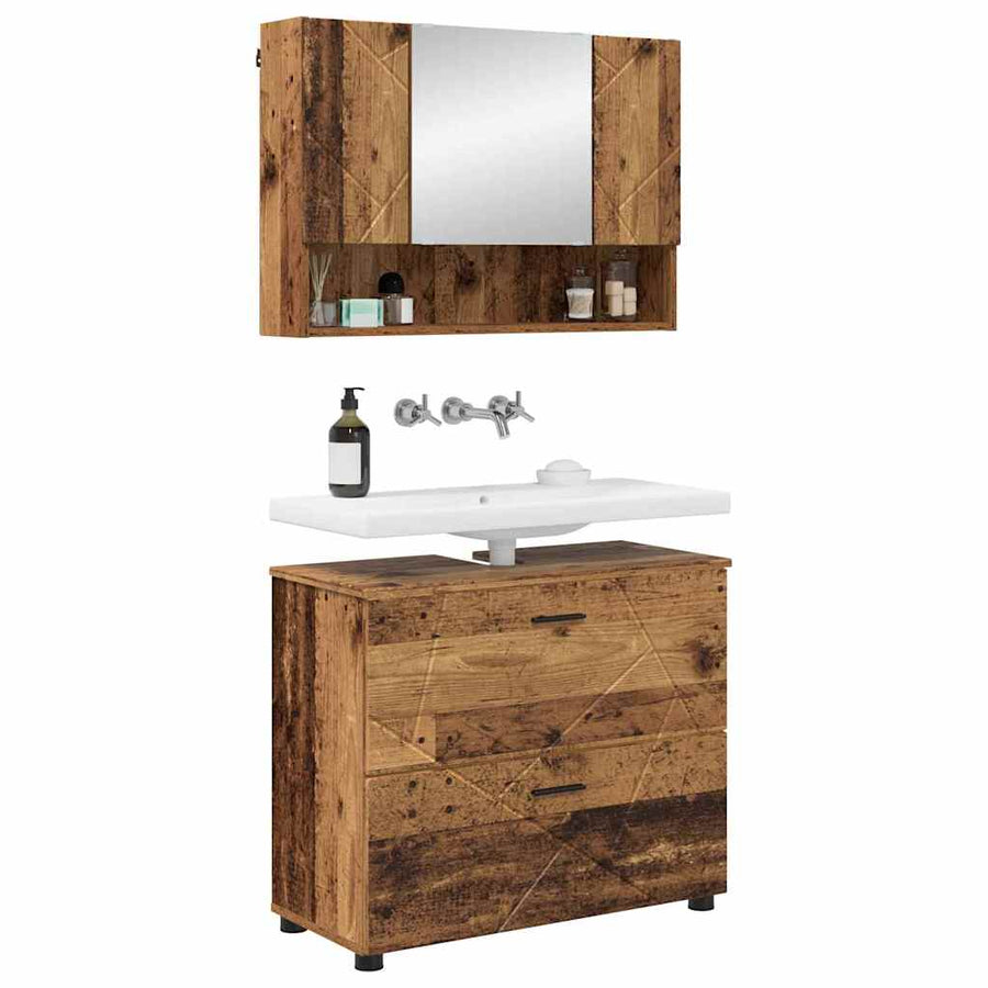 Badkamermeubelset 2 pcs Oud Hout Geperst Hout en Metaal