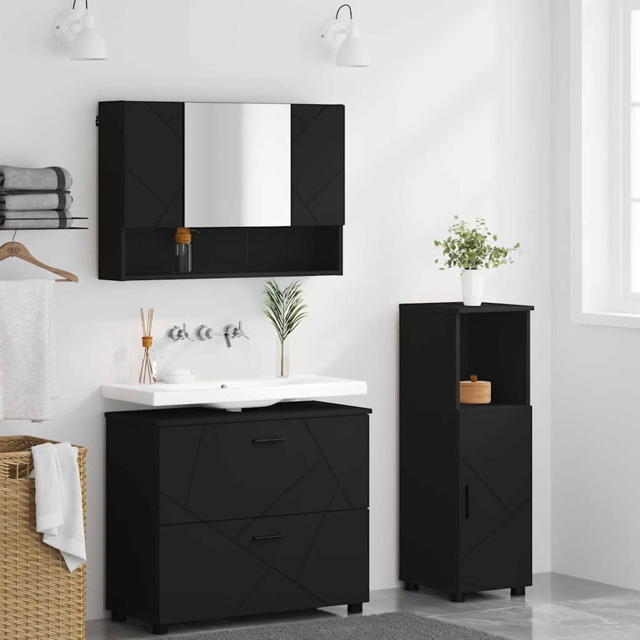 Badkamermeubelset met lade 3 pcs Zwart Bewerkt hout en metaal