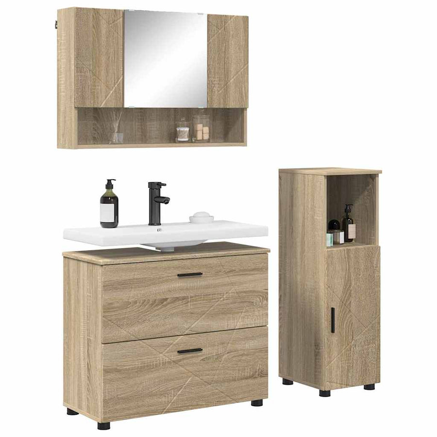 Badkamermeubelset 3 pcs Sonoma Eiken Bewerkt hout en metaal
