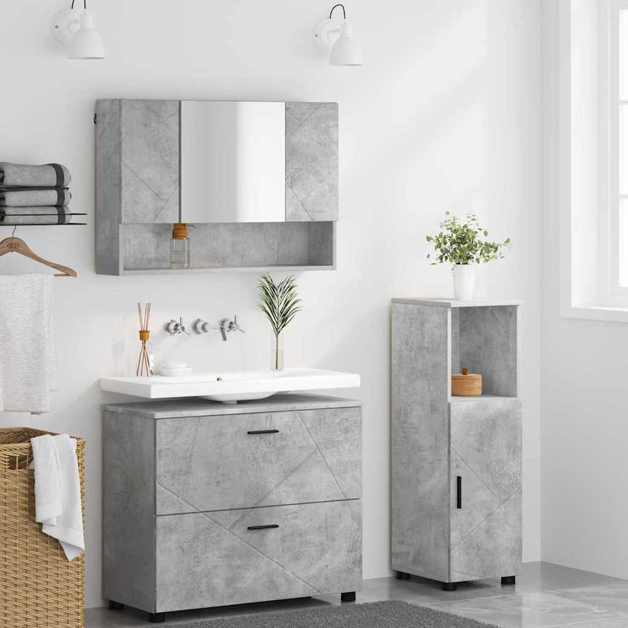 Badkamermeubelset 3 pcs Beton Grijs Bewerkt hout en metaal