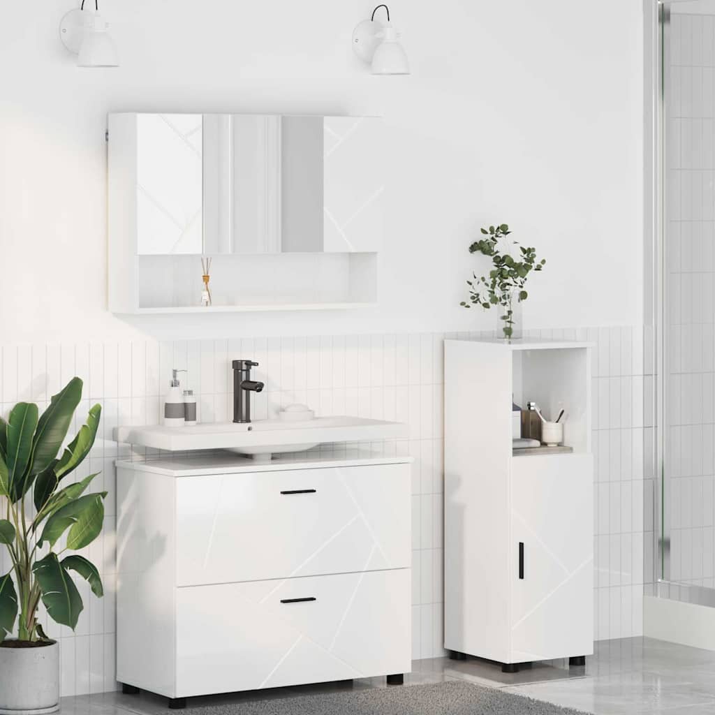 Badkamermeubelset 3 pcs Hoogglans wit Bewerkt hout en metaal
