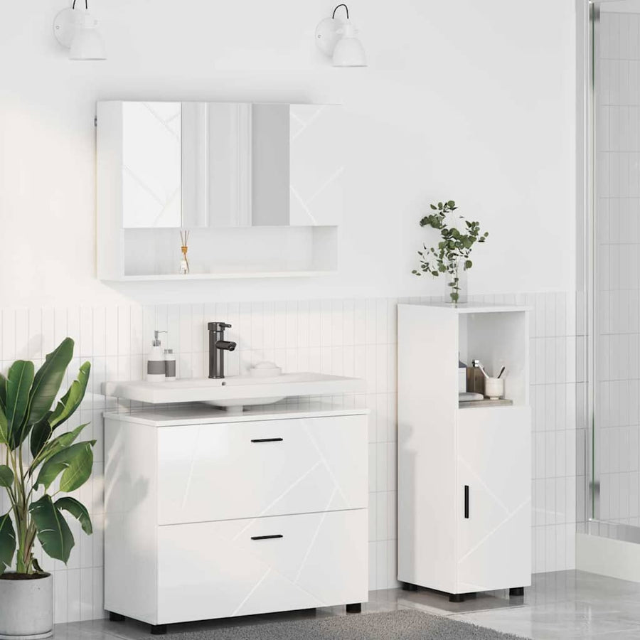 Badkamermeubelset 3 pcs Hoogglans wit Bewerkt hout en metaal