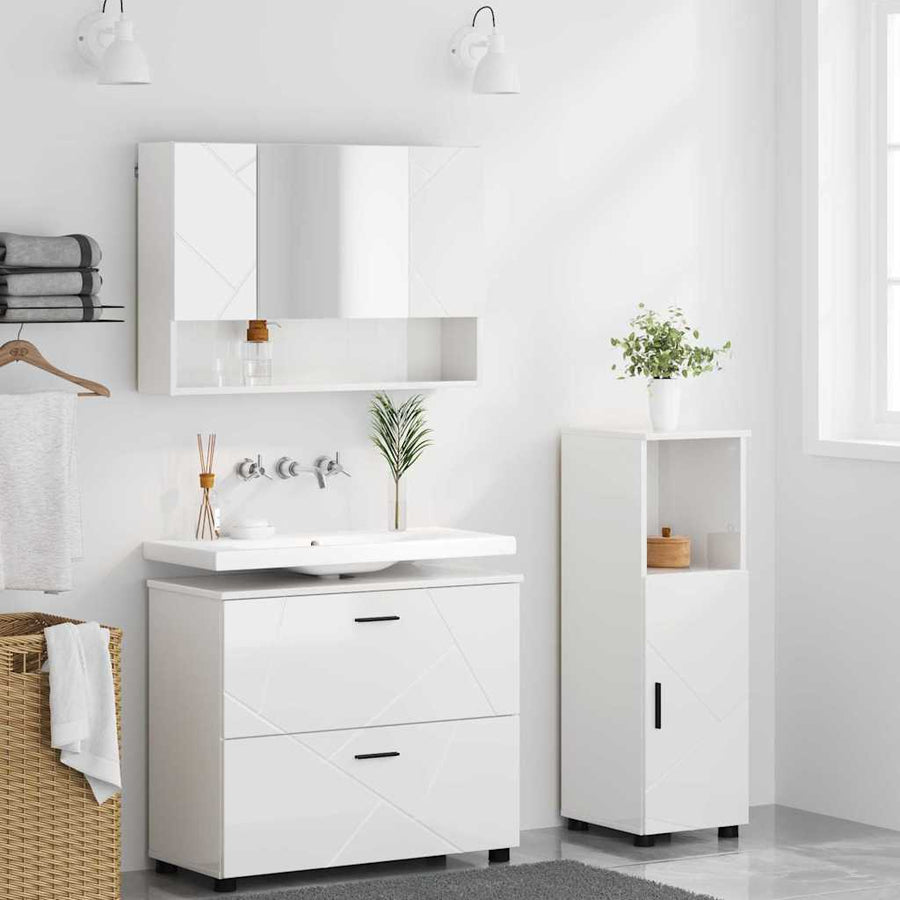 Badkamermeubelset 3 pcs Hoogglans wit Bewerkt hout en metaal