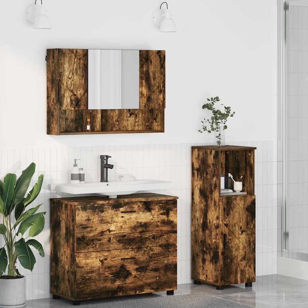Badkamermeubelset 3 pcs Gerookt eiken Bewerkt hout en metaal