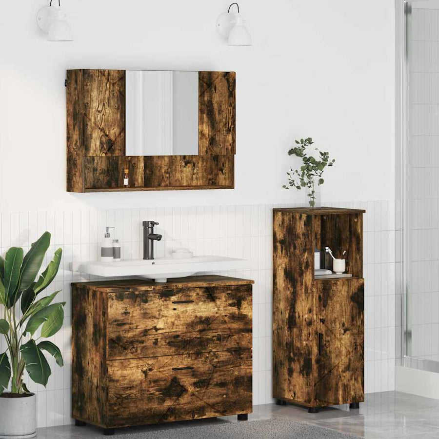 Badkamermeubelset 3 pcs Gerookt eiken Bewerkt hout en metaal