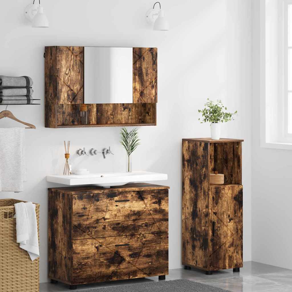 Badkamermeubelset 3 pcs Gerookt eiken Bewerkt hout en metaal