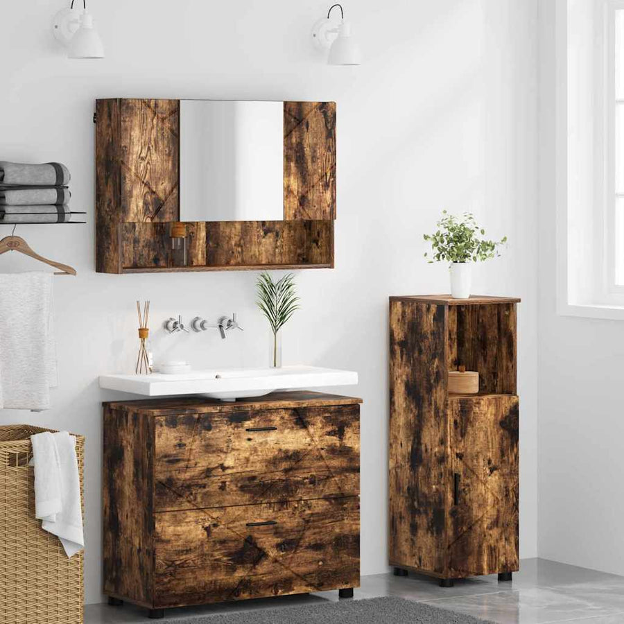 Badkamermeubelset 3 pcs Gerookt eiken Bewerkt hout en metaal
