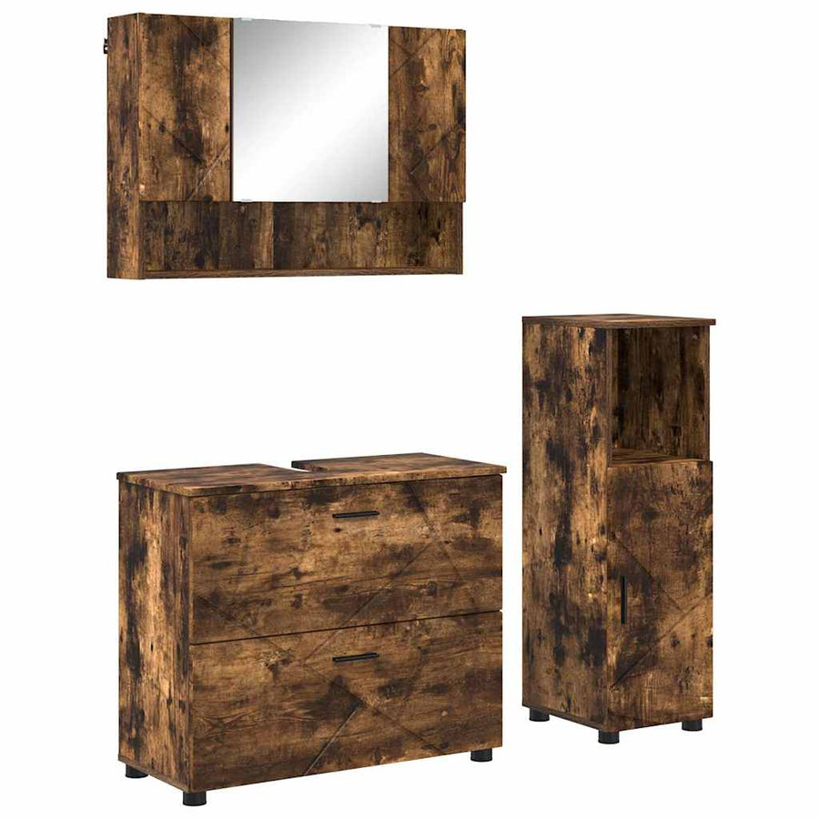Badkamermeubelset 3 pcs Gerookt eiken Bewerkt hout en metaal
