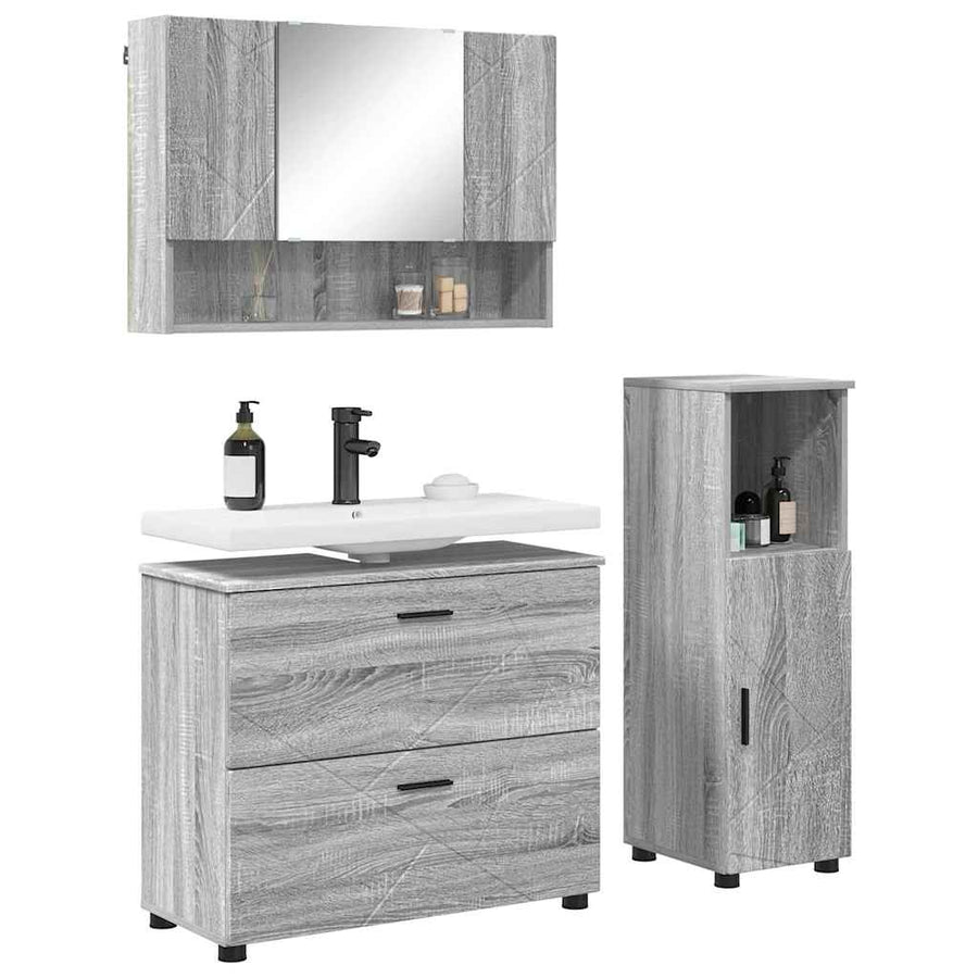 Badkamermeubelset 3 pcs Grijs Sonoma Bewerkt hout en metaal