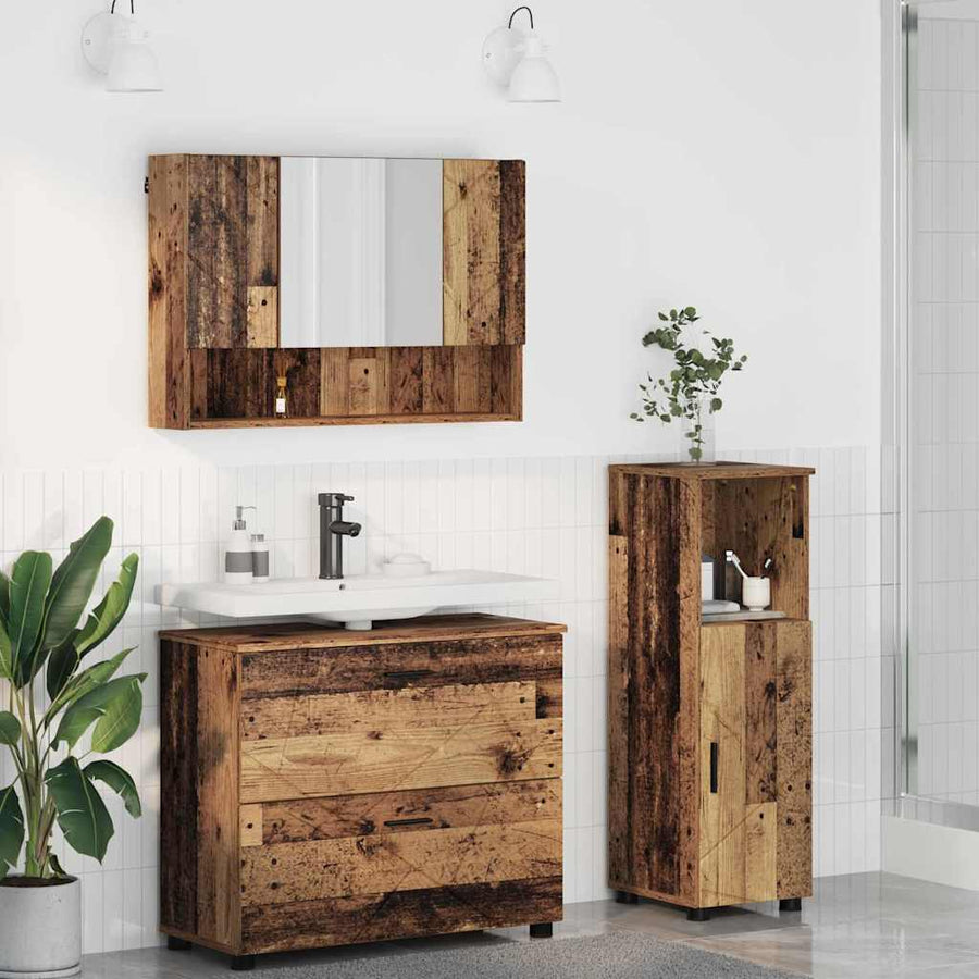 Badkamermeubelset 3 pcs Oud Hout Bewerkt hout en metaal