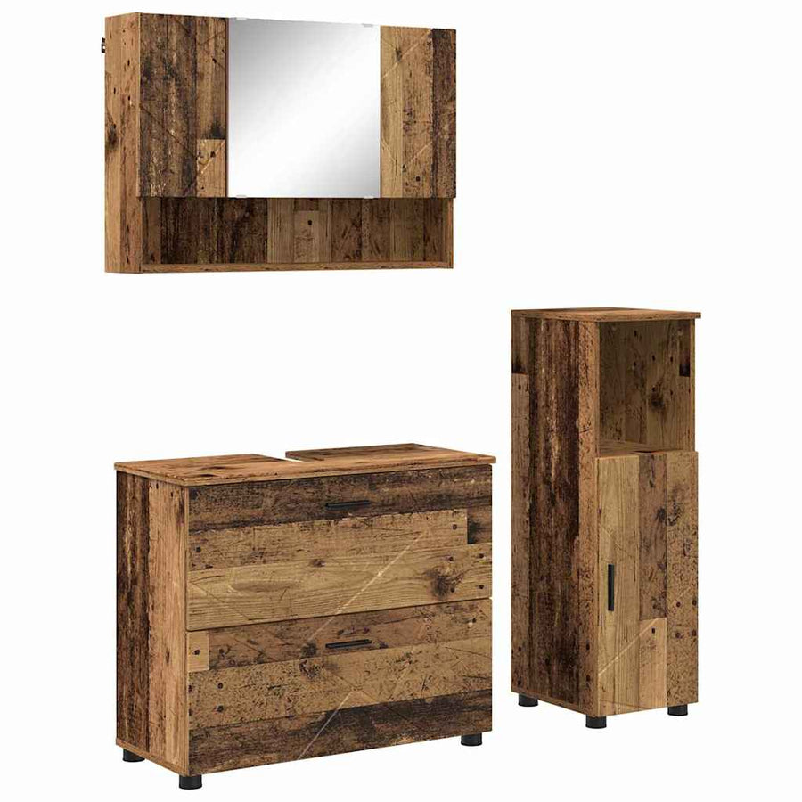 Badkamermeubelset 3 pcs Oud Hout Bewerkt hout en metaal
