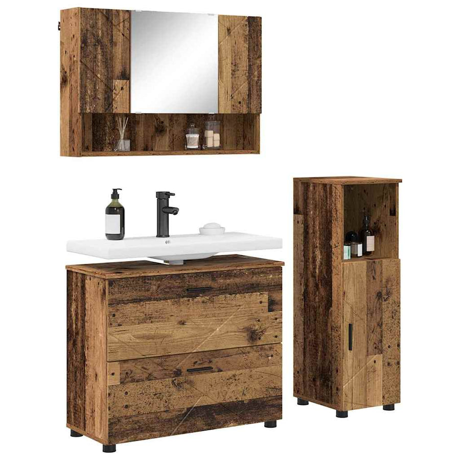Badkamermeubelset 3 pcs Oud Hout Bewerkt hout en metaal