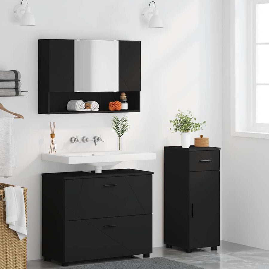 Badkamermeubelset met lade 3 pcs Zwart Geperst Hout en Metaal