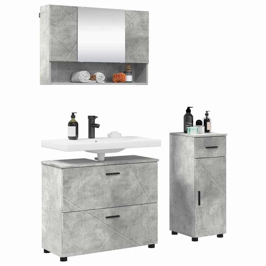 Badkamermeubelset 3 pcs Beton Grijs Geperst Hout en Metaal