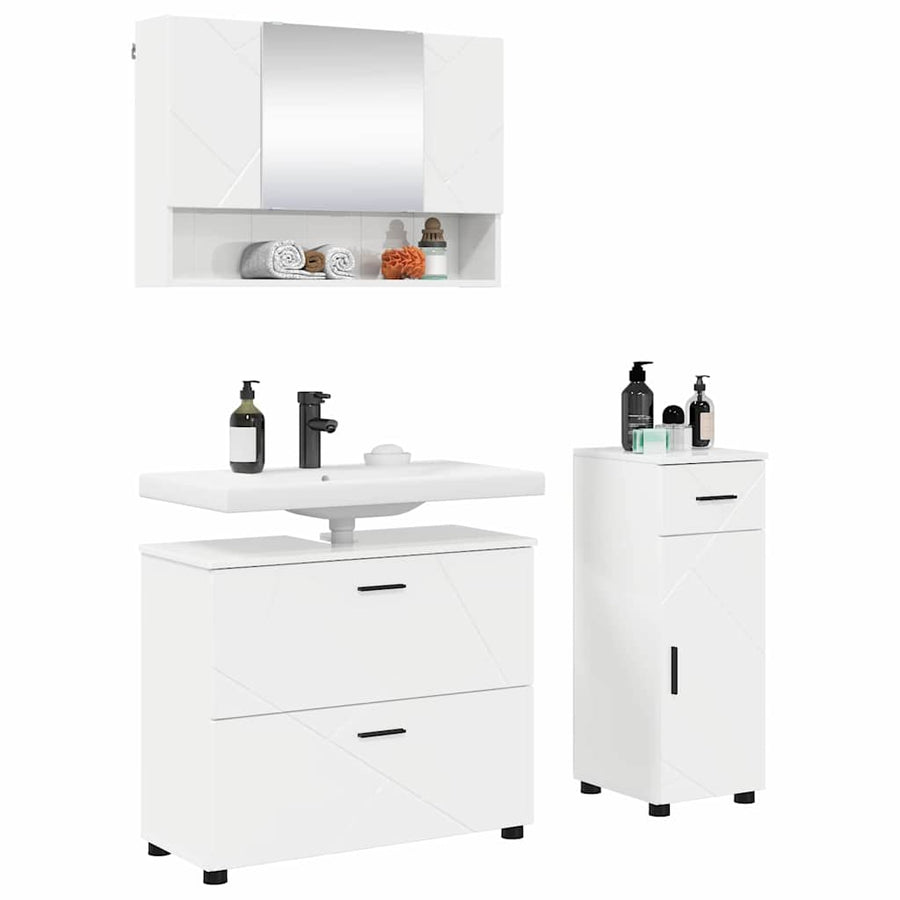 Badkamermeubelset 3 pcs Hoogglans wit Geperst Hout en Metaal