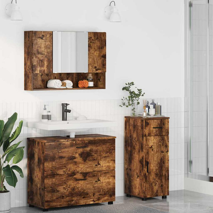 Badkamermeubelset 3 pcs Gerookt eiken Geperst Hout en Metaal