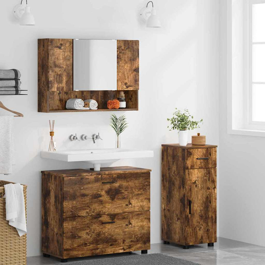 Badkamermeubelset 3 pcs Gerookt eiken Geperst Hout en Metaal