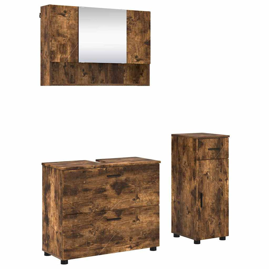Badkamermeubelset 3 pcs Gerookt eiken Geperst Hout en Metaal