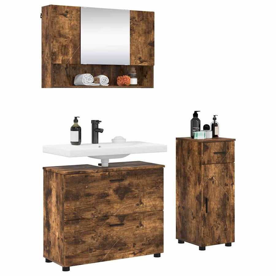 Badkamermeubelset 3 pcs Gerookt eiken Geperst Hout en Metaal