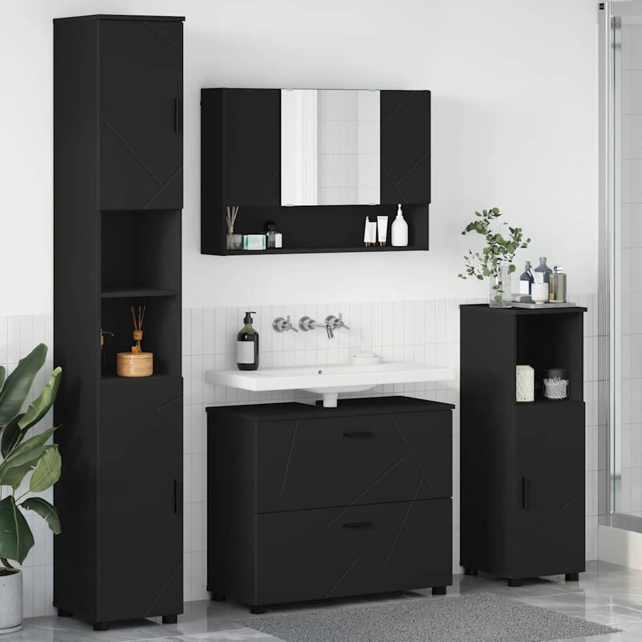 Badkamermeubelset met lade 4 pcs Zwart Geperst Hout en Metaal