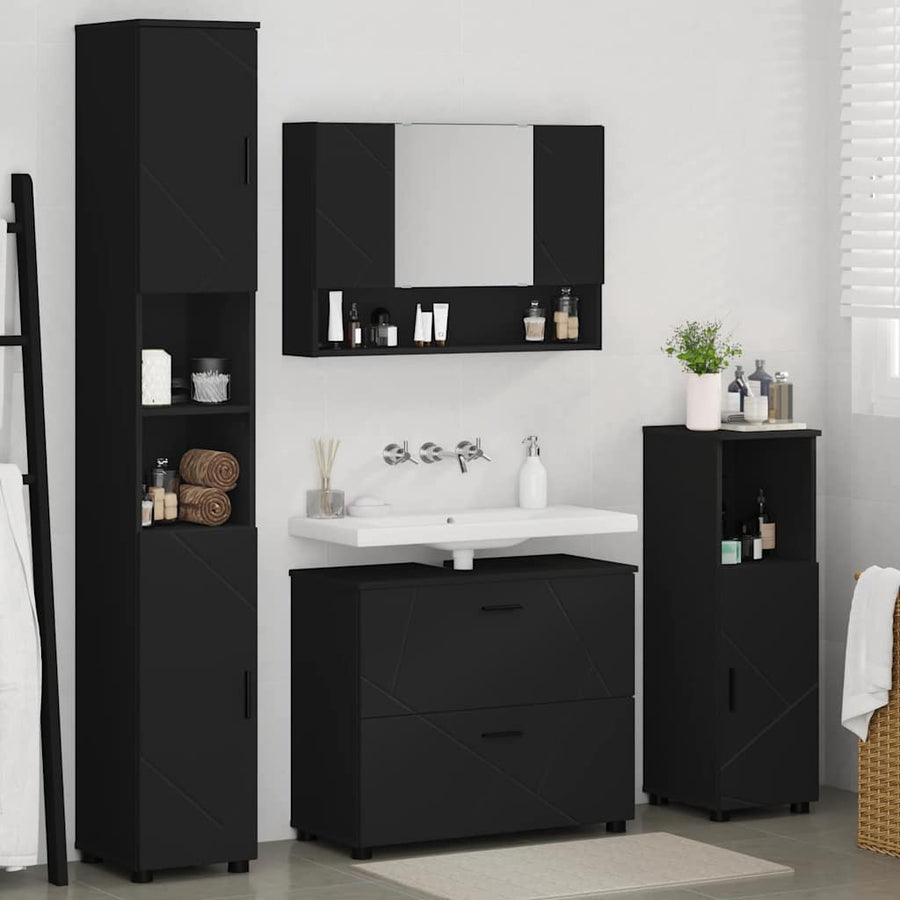 Badkamermeubelset met lade 4 pcs Zwart Geperst Hout en Metaal