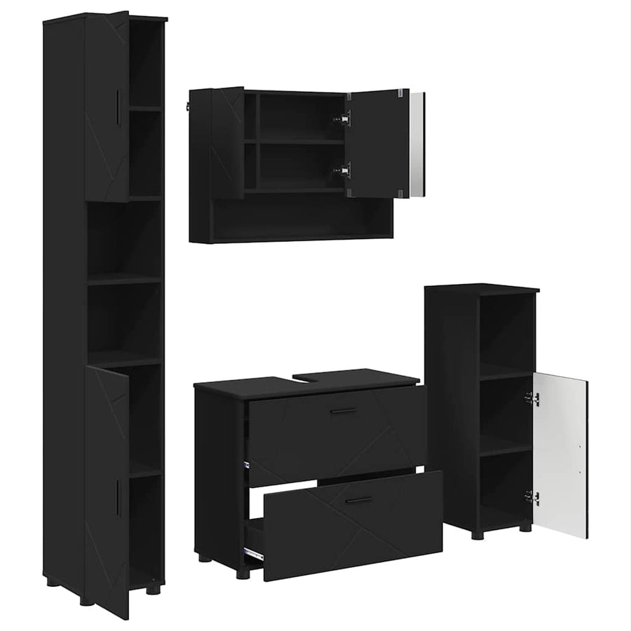 Badkamermeubelset met lade 4 pcs Zwart Geperst Hout en Metaal