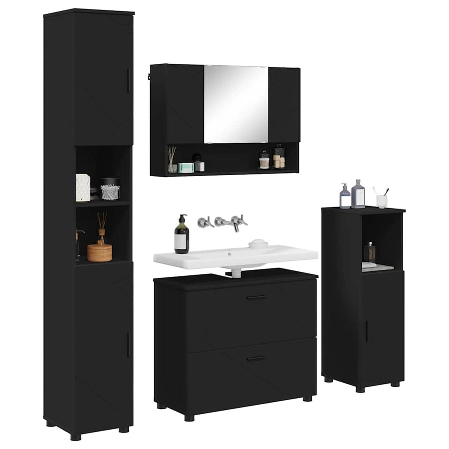 Badkamermeubelset met lade 4 pcs Zwart Geperst Hout en Metaal